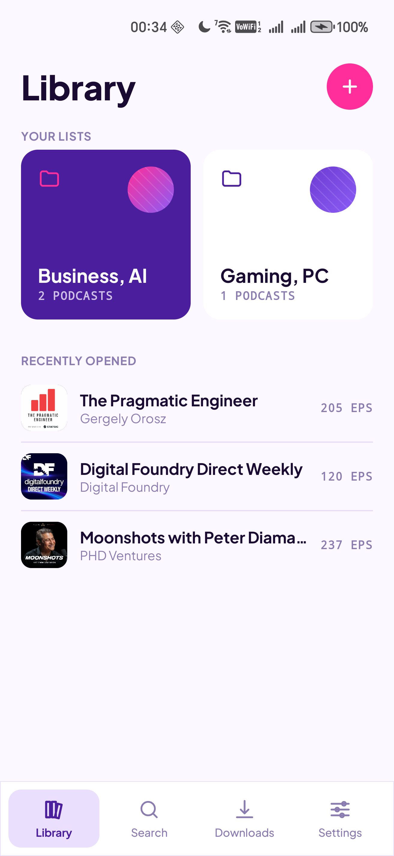 kofipod library screen with custom folders and recently opened podcasts