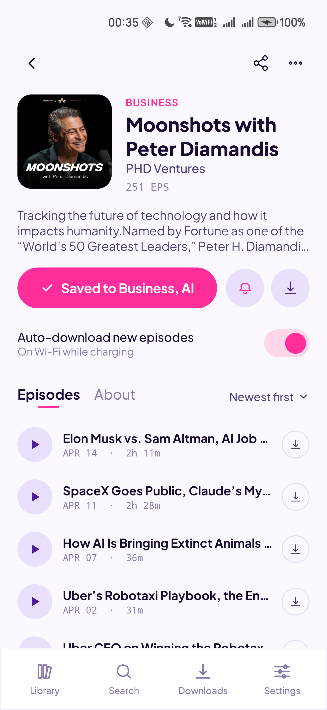 kofipod podcast detail screen with auto-download toggle and episode list