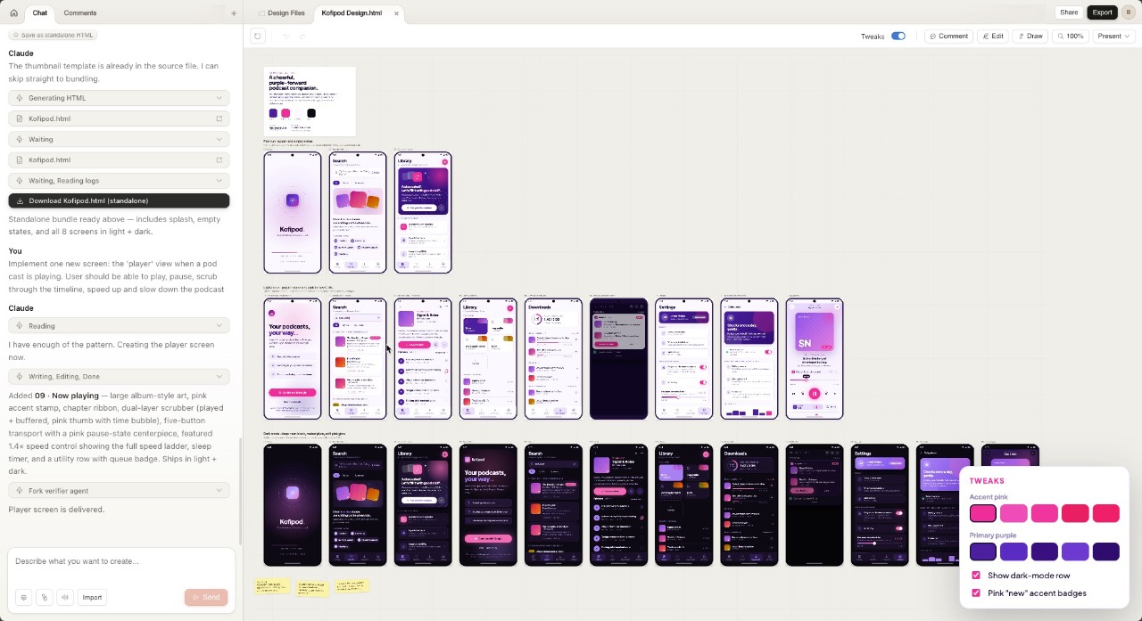 Claude Design session showing the kofipod screens laid out in light and dark mode, with tweakable accent and primary colors